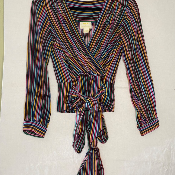 Maeve By Anthropology Multicolor V Neck Wrap Long Sleeve Top w/ Tie Size 4 Small - Picture 2 of 12